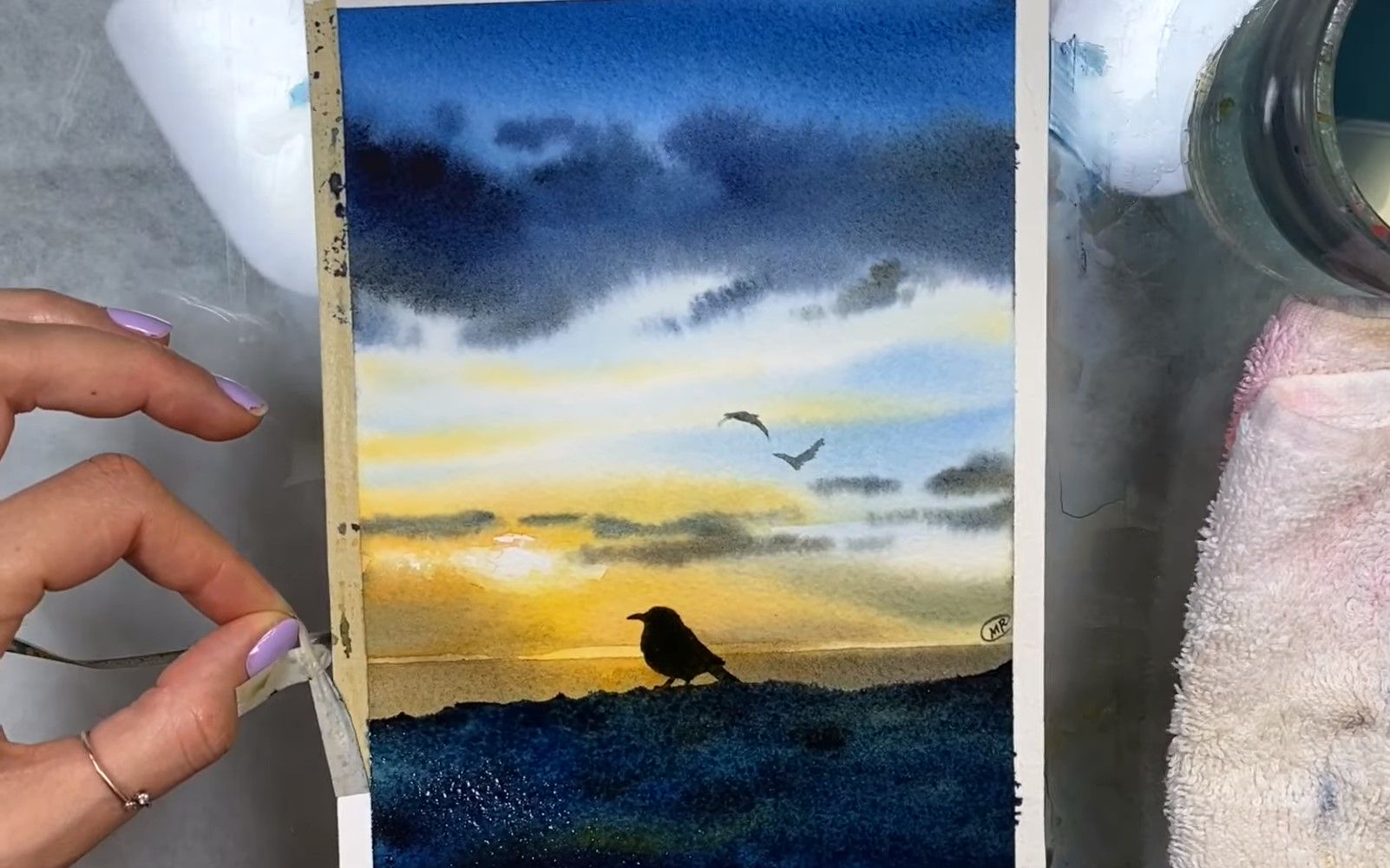 水彩一张简单漂亮的日出风景