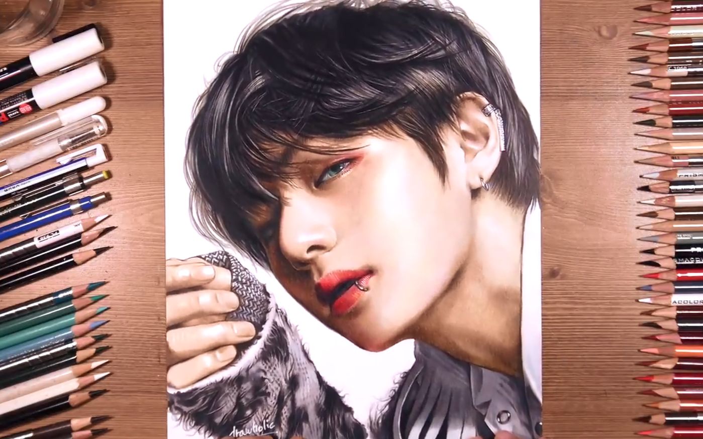 【彩铅手绘】就问你撩不撩这个眼睛和头发真的是画的爆好看了Drawing BTS V (Taehyung)  drawholic哔哩哔哩bilibili