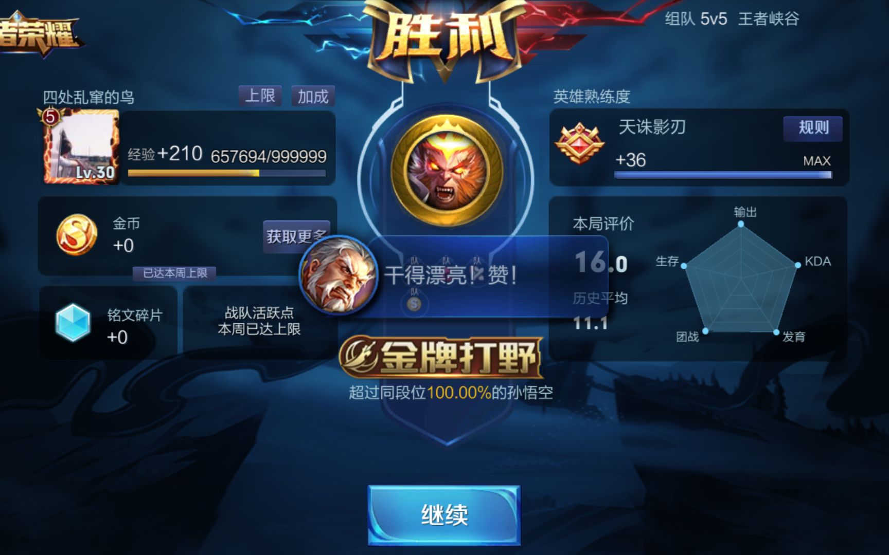 《王者荣耀》超越同段位100%的金牌打野小可爱-孙悟空_哔哩哔哩 (゜
