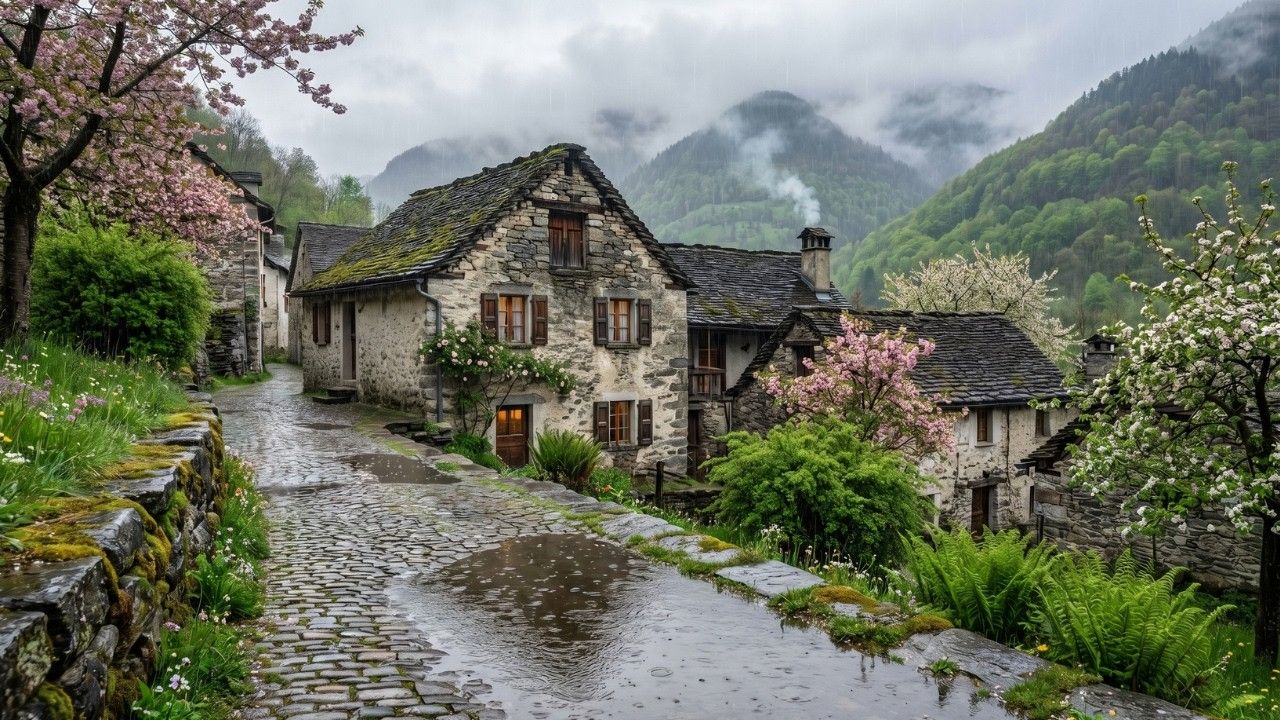 【4K60帧】孤独的生活：一个有800年历史的石头村庄春雨日街景漫步 | 2026年3月 | 作者：Alpine Village Walks