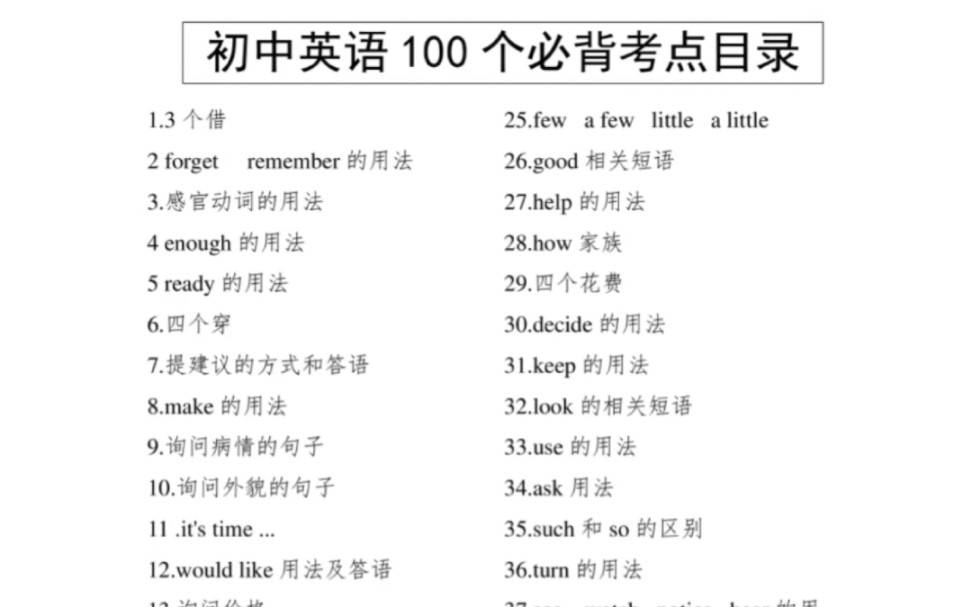 初中英语100个必背考点,内容有点多,每天看一遍,坚持两个月就可以记住了,背熟这些知识,你的英语成绩一定可以提升很多,拜托一定要背熟哔哩哔哩...