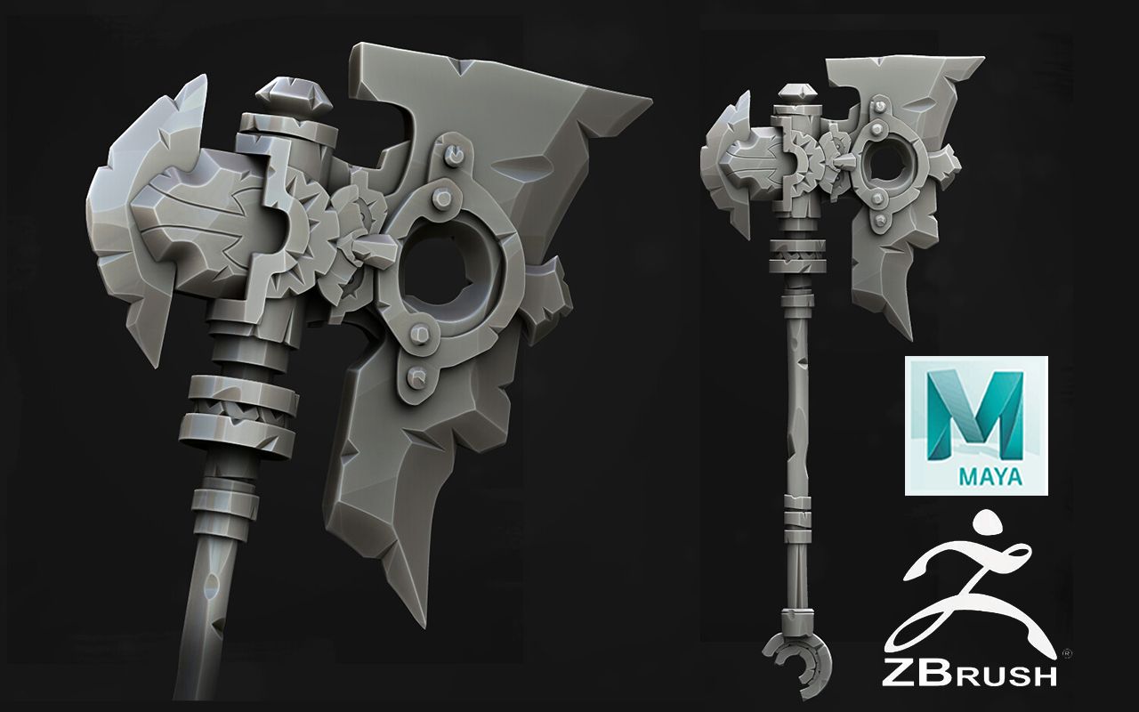 【maya zbrush建模】次世代武器斧头模型全流程制作,低模布线,高模