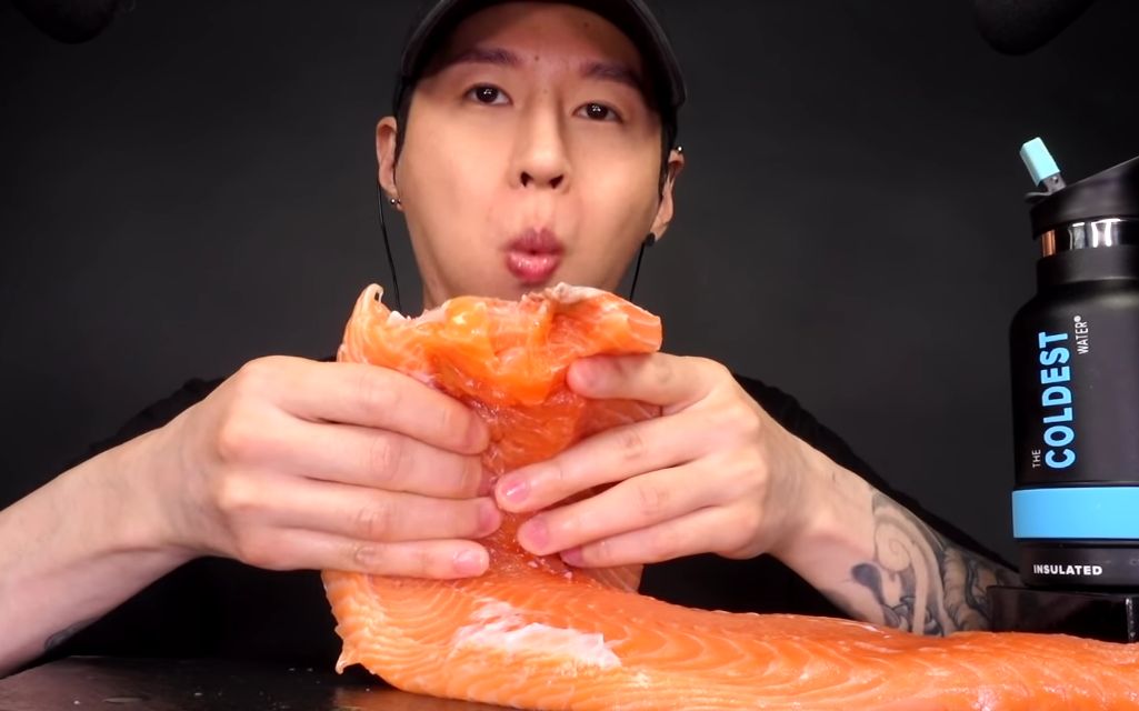 asmrzachchoi过瘾小哥今天生吃一条三文鱼刺身无人声咀嚼音食音吃播