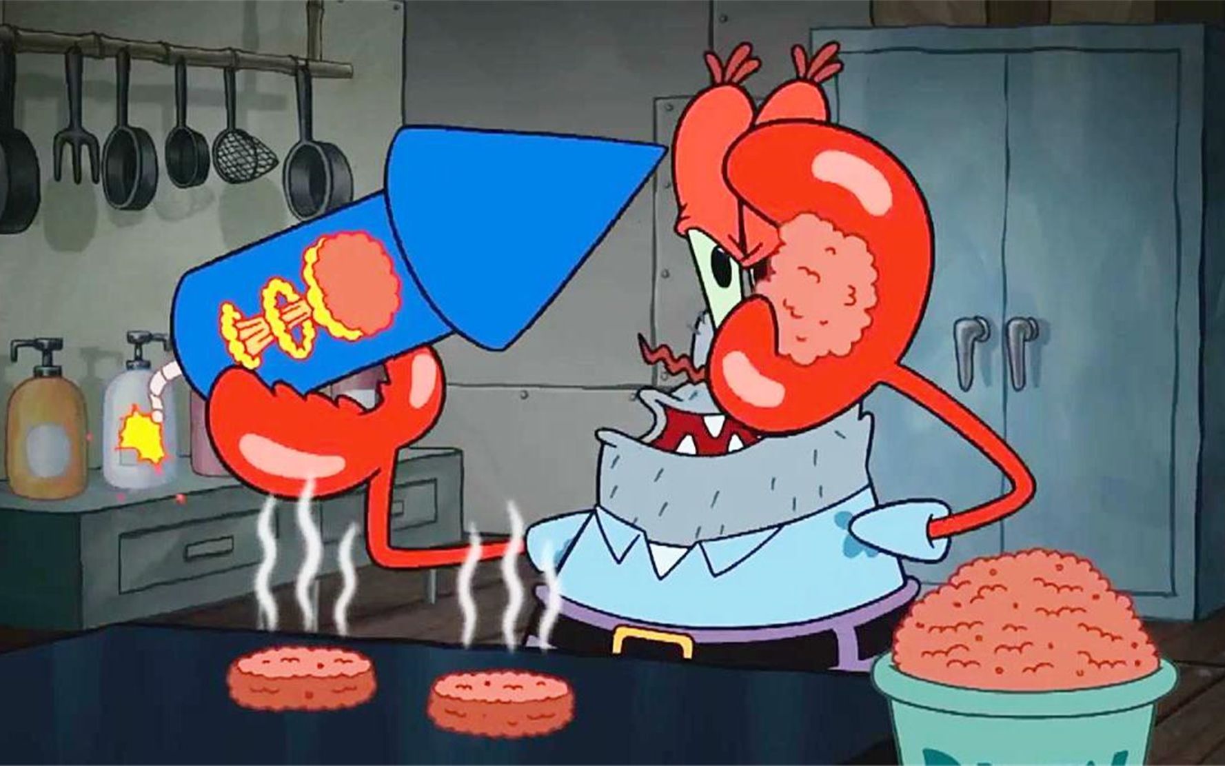 蟹老板把炸弹塞进肉饼做成蟹黄堡,咬一口就被炸飞了