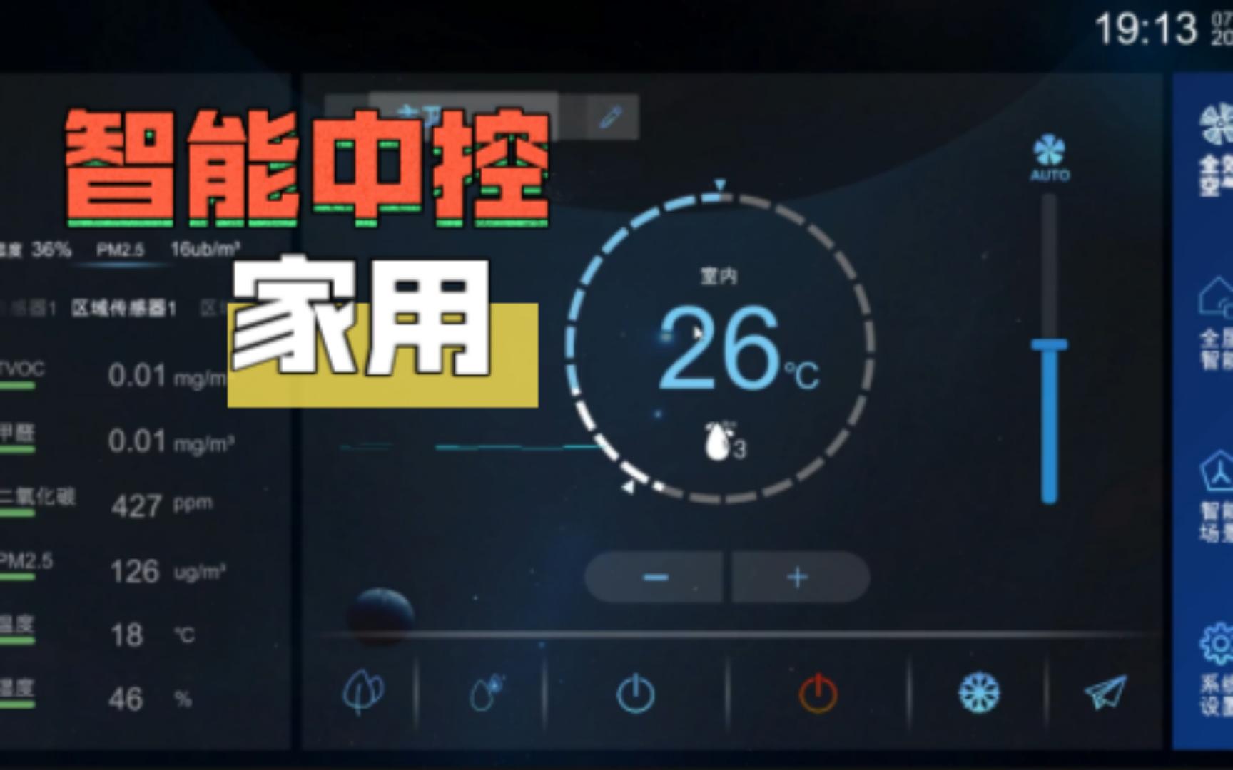 家用智能中控系统.显示房间温度、湿度、甲醛、二氧化碳、PM2.5含量等数据;可切换主卧、书房、次卧、儿童房、主卫,单独控制灯光、设备哔哩哔哩...