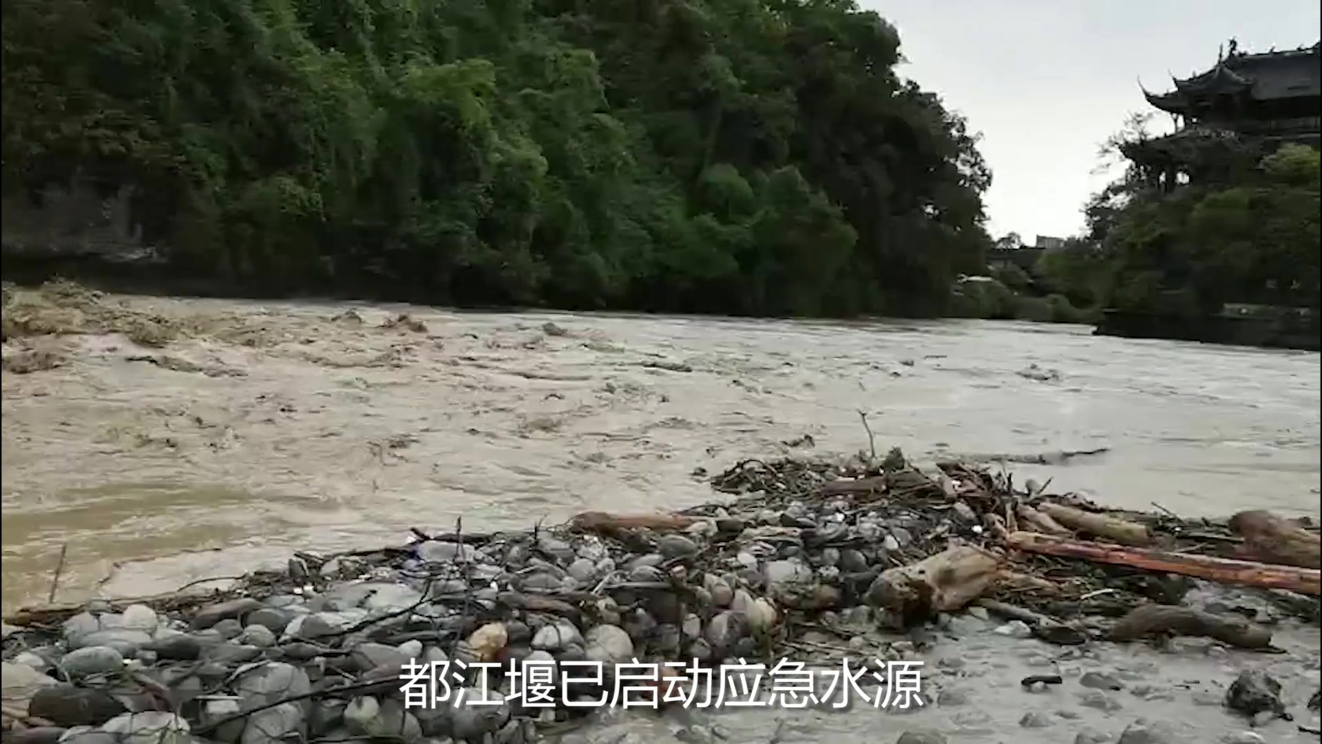 实拍爆雨后的成都都江堰宝瓶口,水如泥浆,木头枯枝堆积岷江两岸哔哩哔哩bilibili