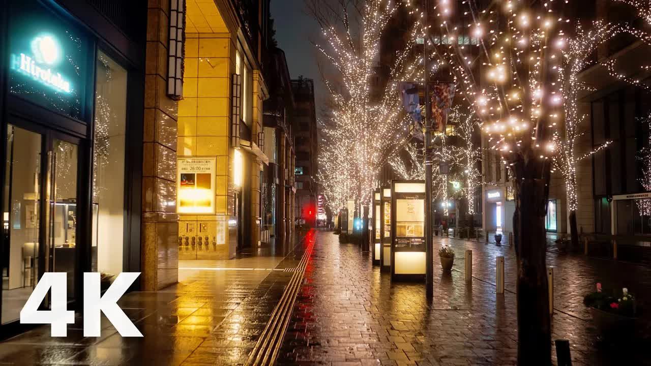 【4k超清】听着雨声漫步系列,雨夜在东京千代田区丸之内东京站散步