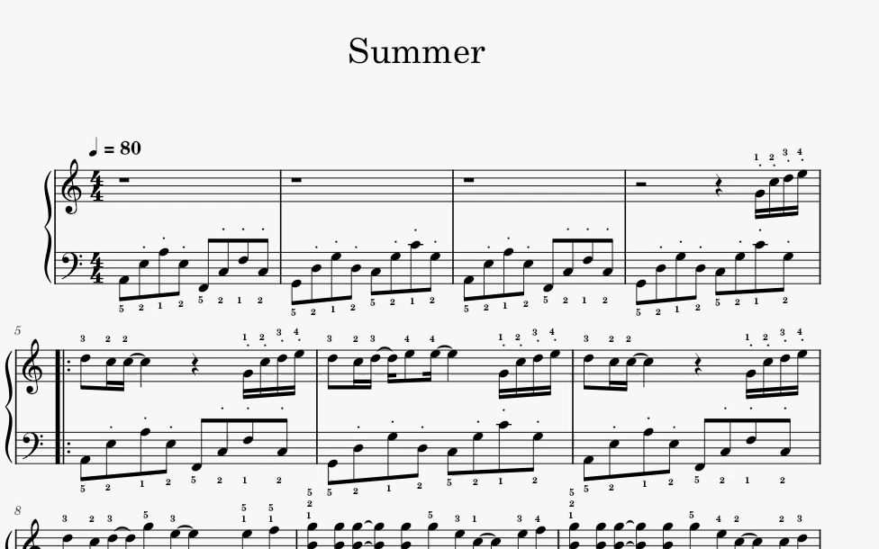summer钢琴谱著名图片