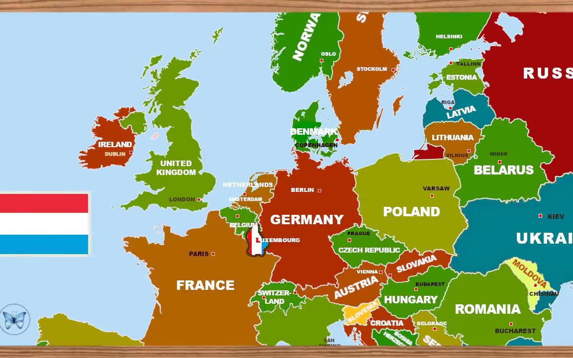 european map- countries, capitals and national flags (with