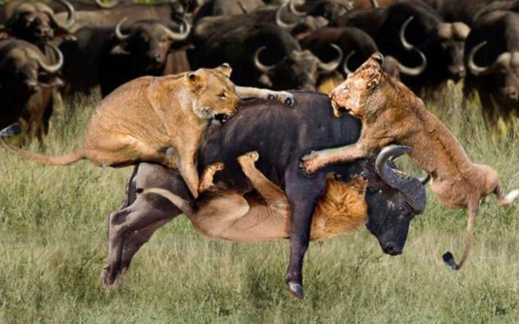 狮群合力猎杀野牛真实场景:哪知野牛力量惊人,活活把狮子踩死!
