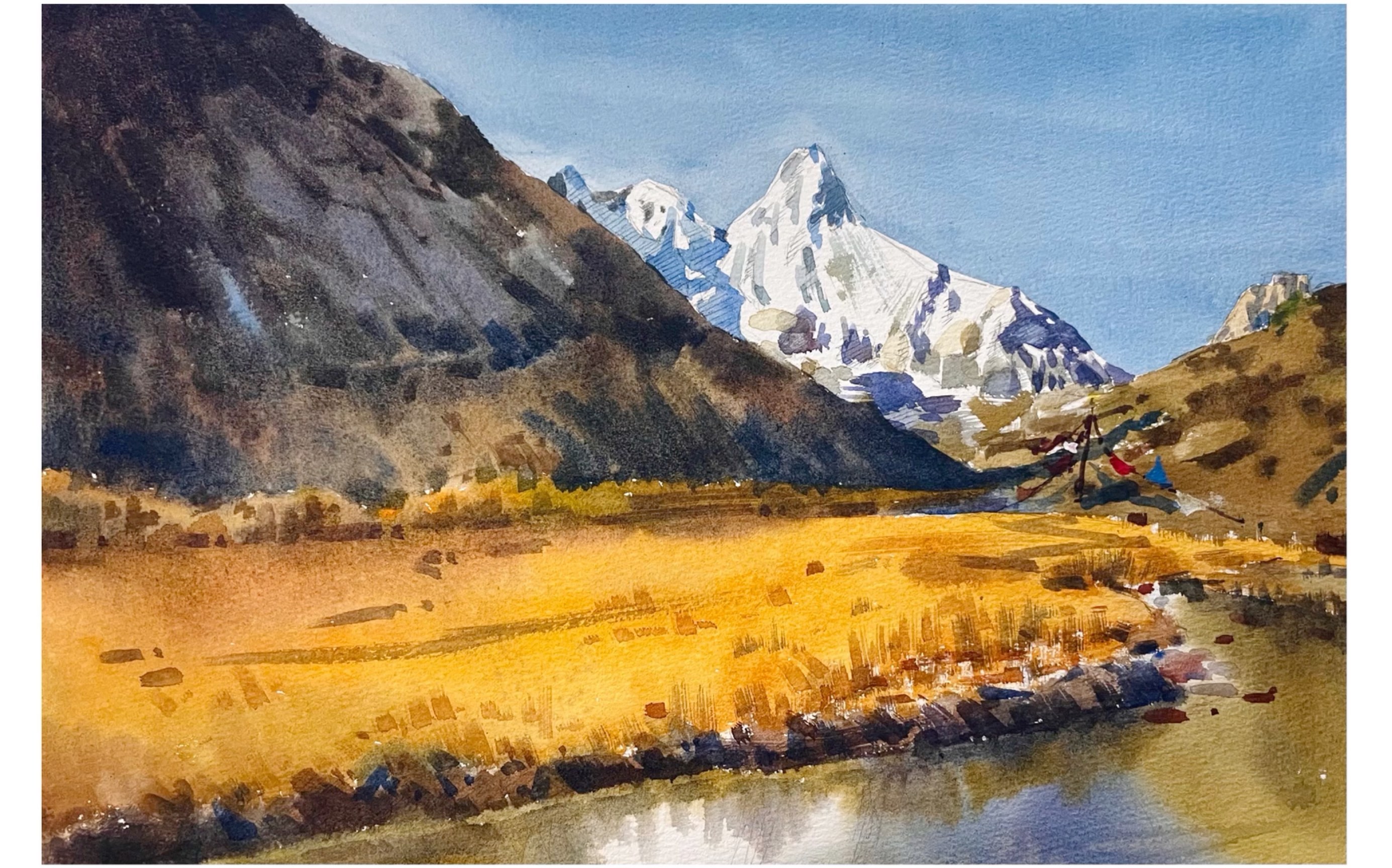 水彩风景教程-如何画稻城山脚下的风景?