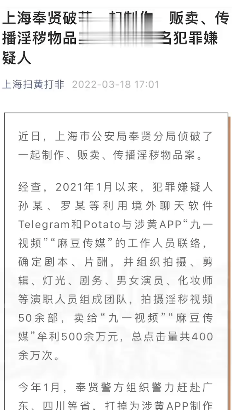 上海警方侦破“麻豆传媒”等涉黄App制贩传播淫秽物品案,抓获24人哔哩哔哩bilibili