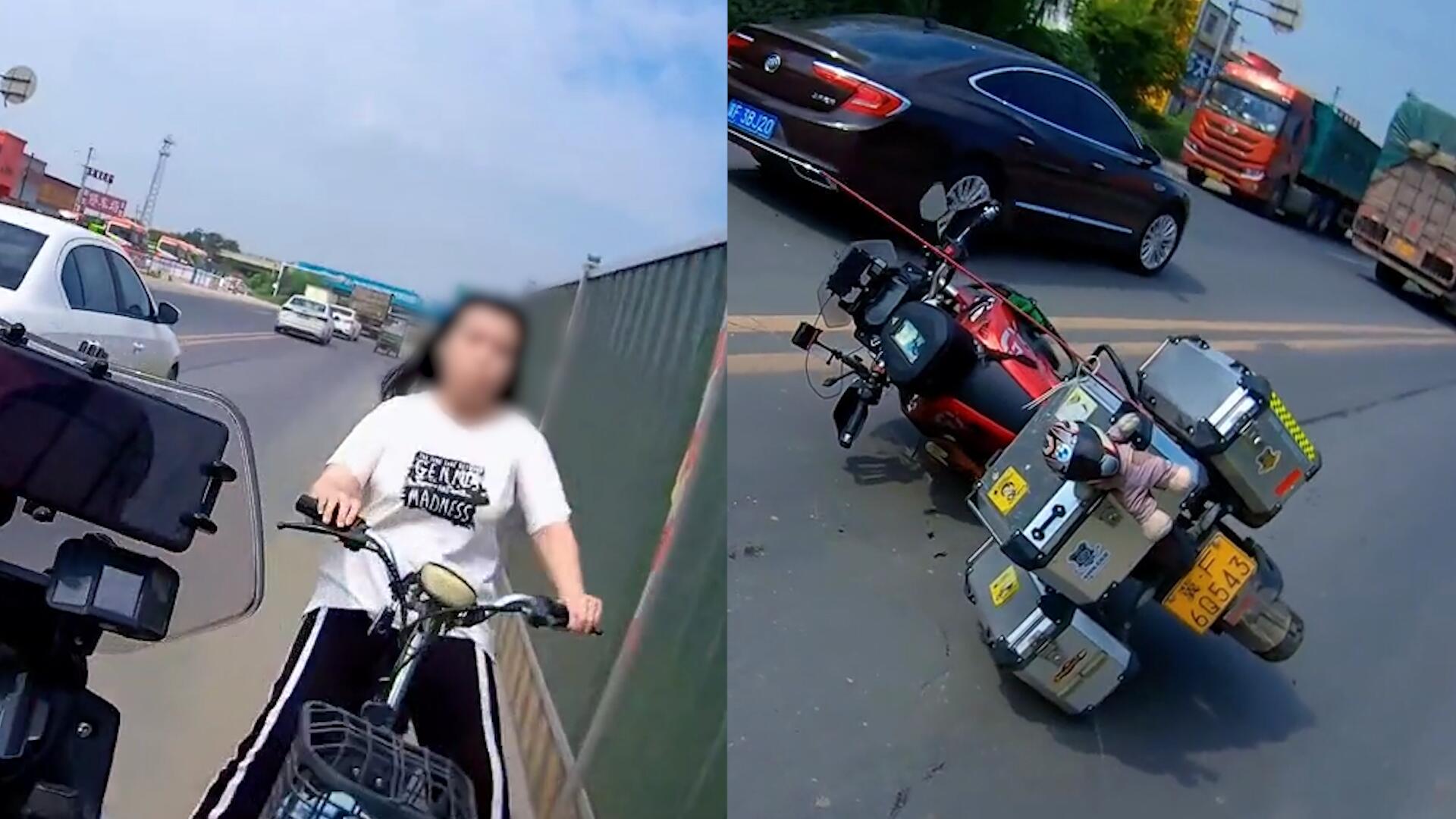 女子骑电动车逆行撞倒摩托车,扔下一句话后逃跑,被撞车主崩溃了