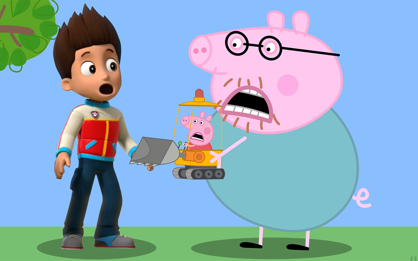 汪汪队立大功莱德帮助被缩小的小猪佩奇和推土机