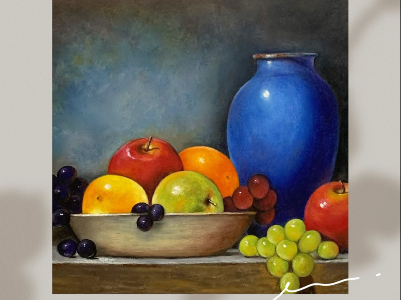 油画棒色彩静物 罐子与水果