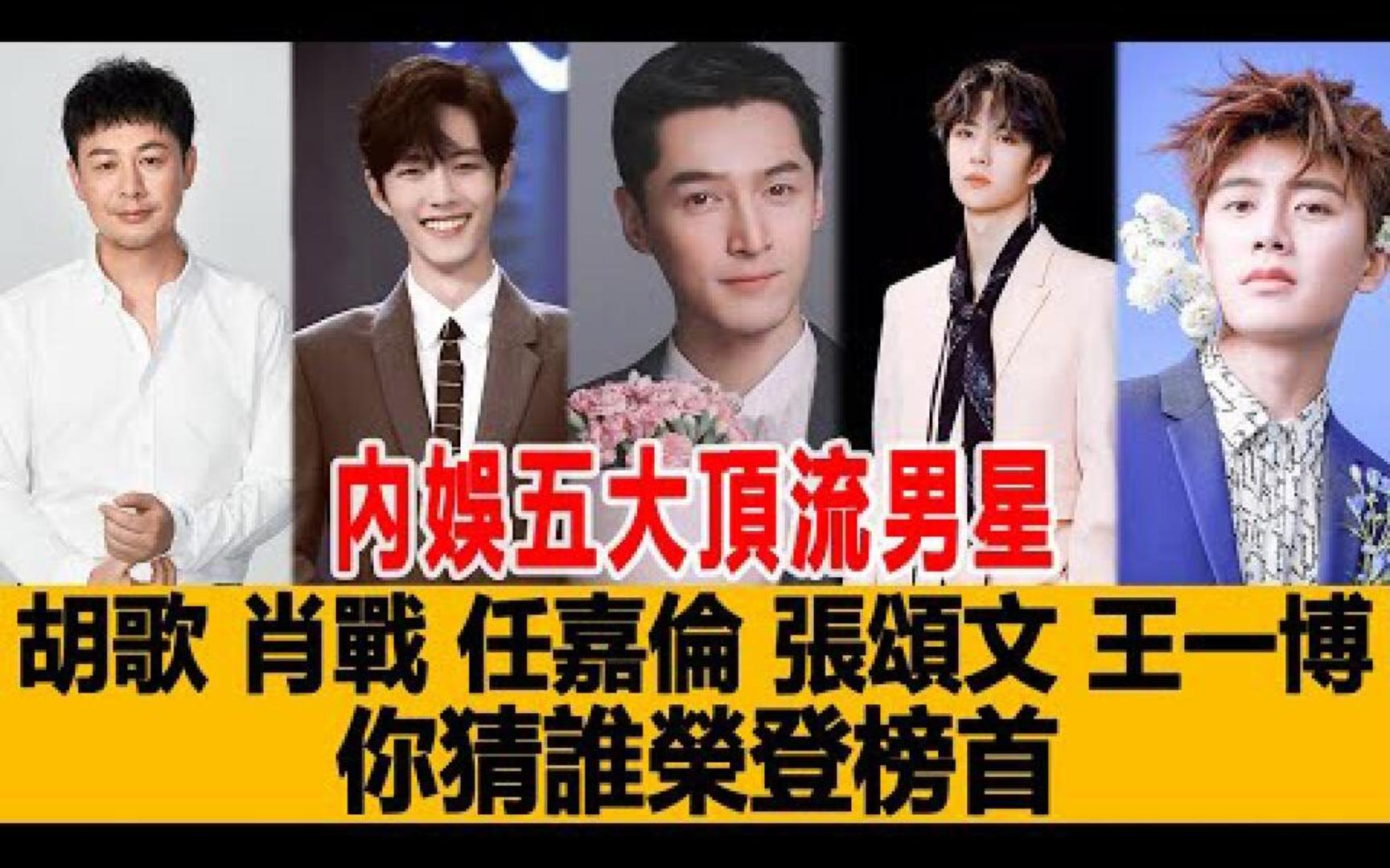 内娱五大顶流男星,胡歌,肖战,任嘉伦,张颂文,王一博你猜谁荣登榜首?