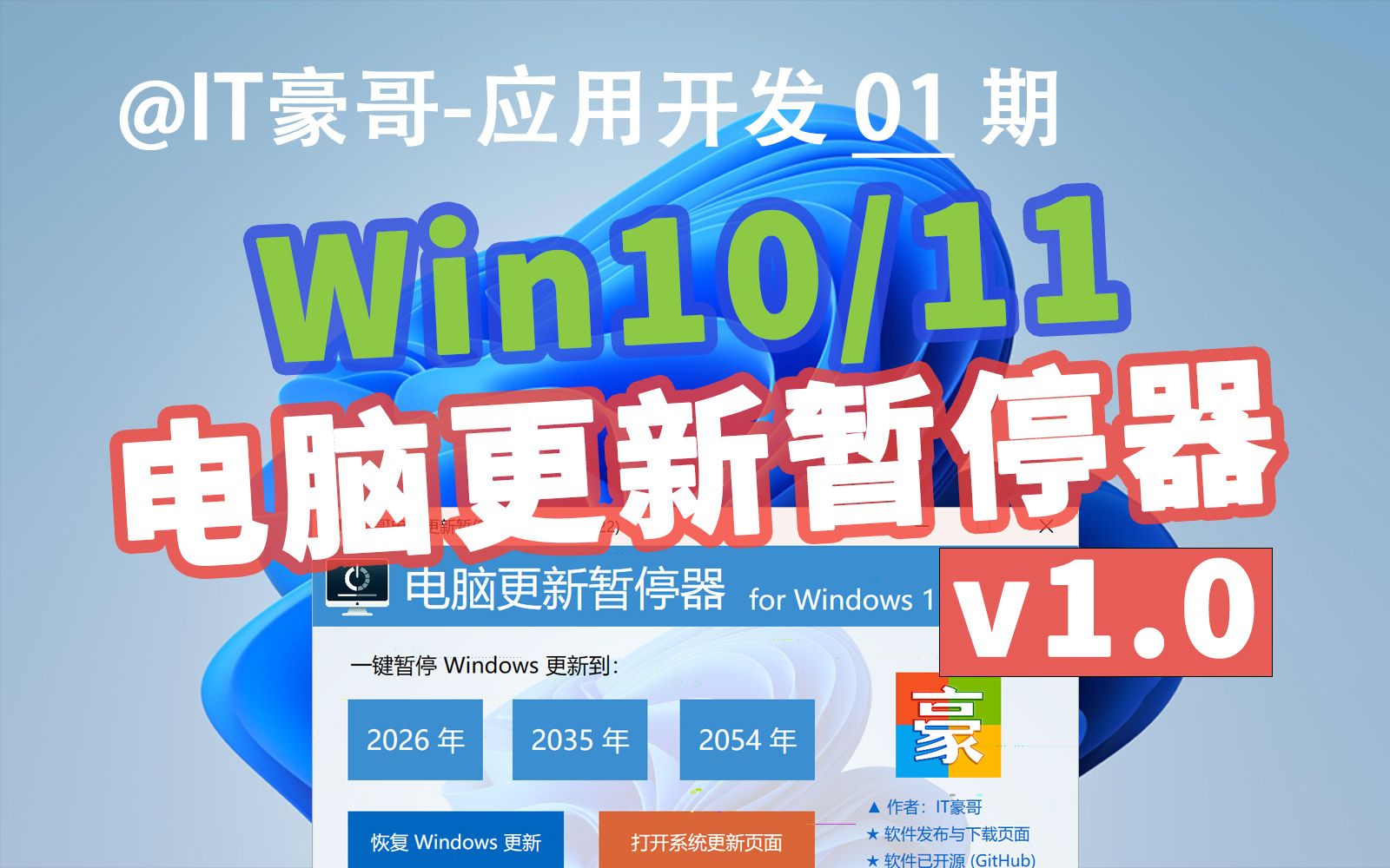 小工具:让Win11/10电脑30年不更新!(IT豪哥电脑更新暂停器 v1.0 发布、程序仅 500kb)哔哩哔哩bilibili