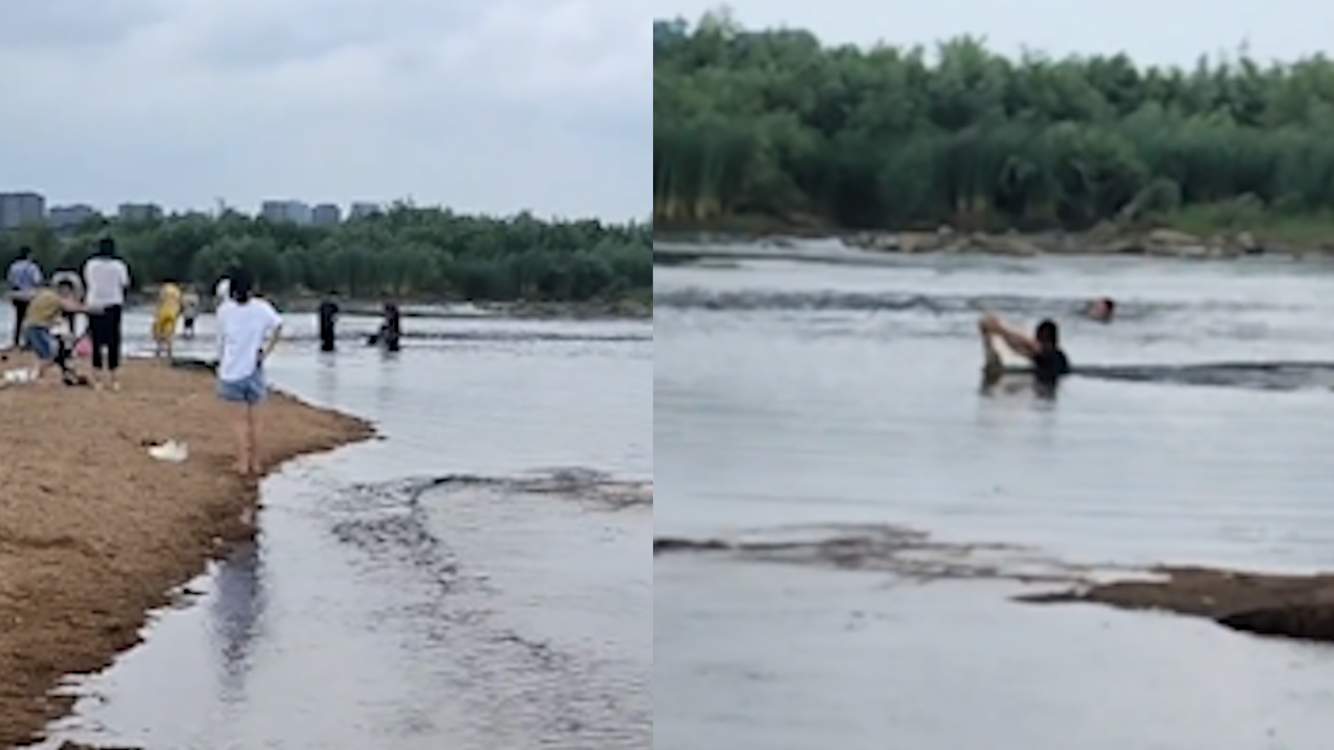 [图]孩子独自在河边玩水，不慎滑进水里很深的沙坑，好心人立马营救