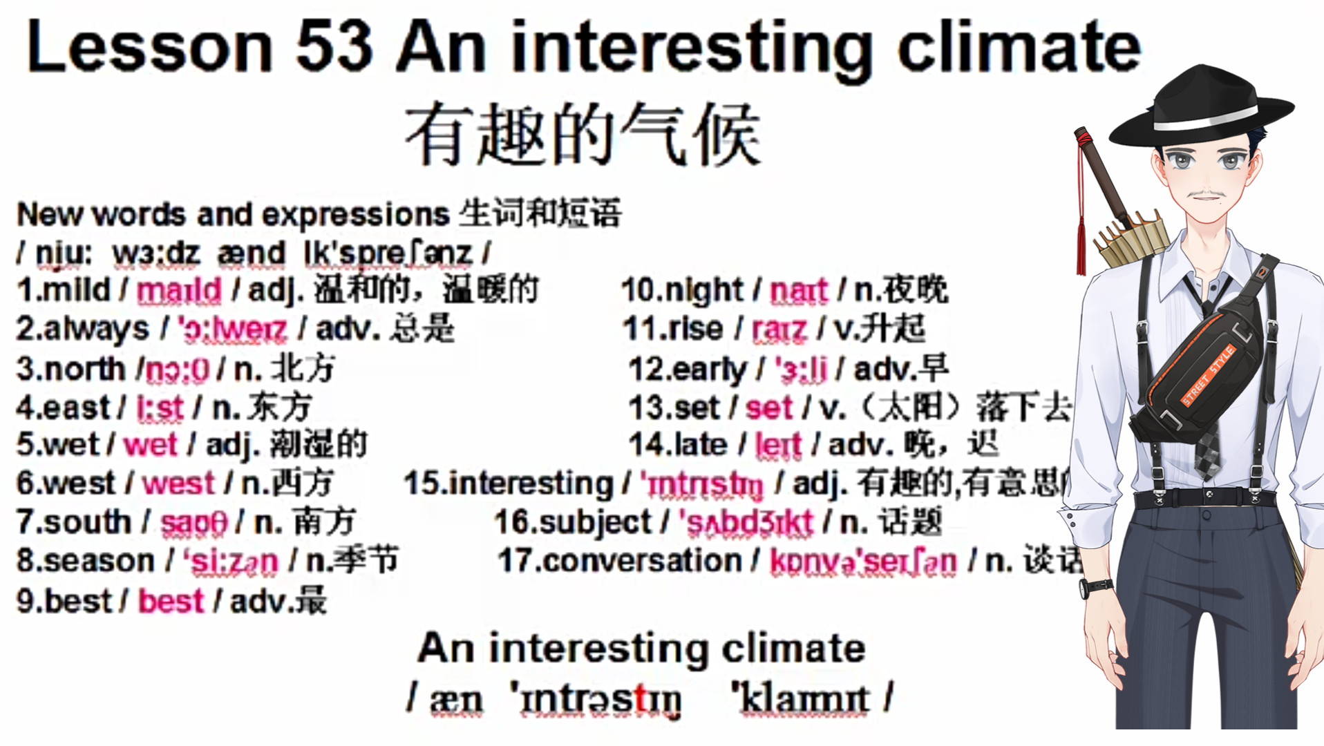 新概念英语第一册,课文课件自学整理Lesson 53课,单词中文谐音记忆,有趣的气候哔哩哔哩bilibili