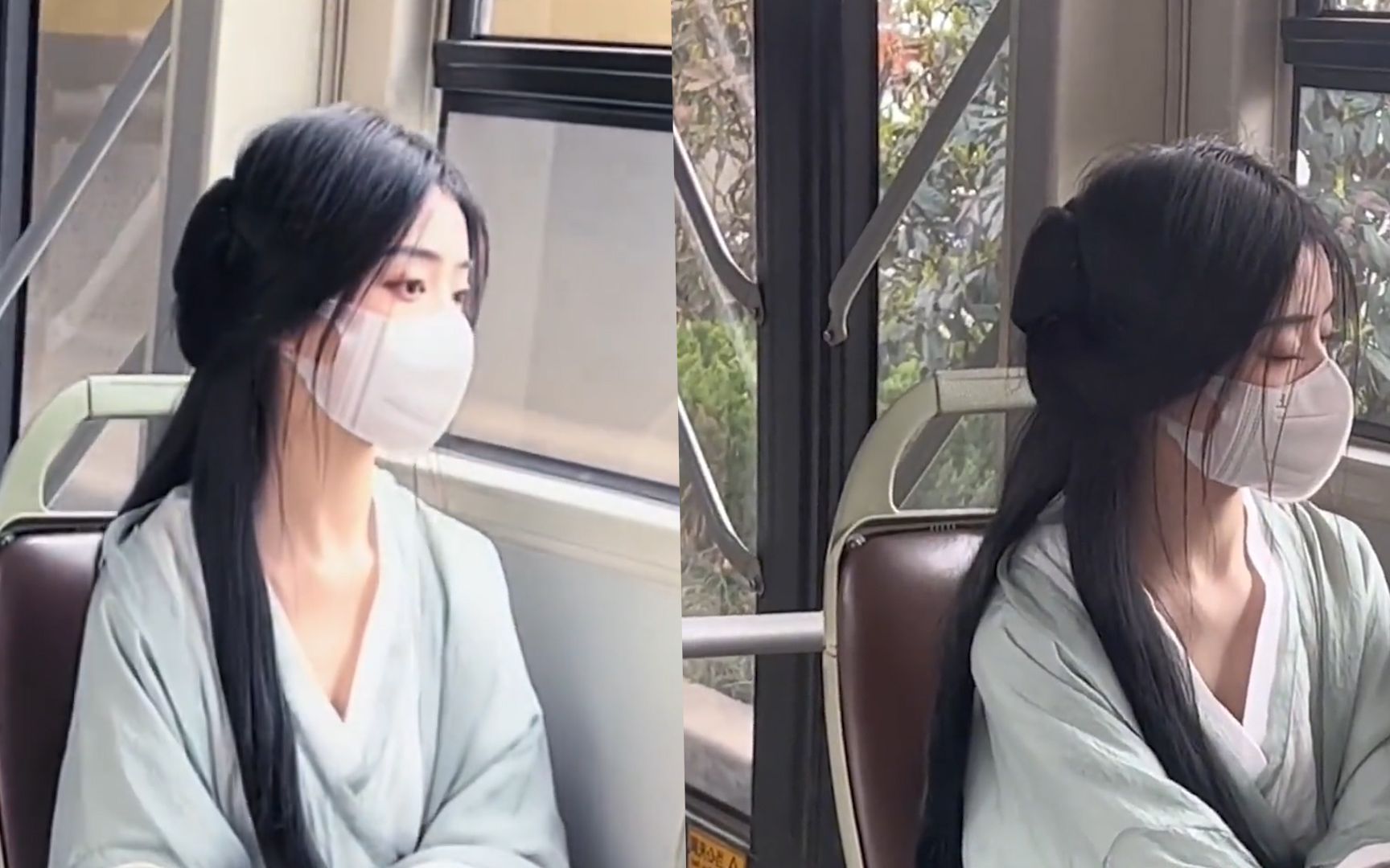 女孩穿汉服坐公交车出行,气质出众似演员陈都灵,清冷感瞬间拉满