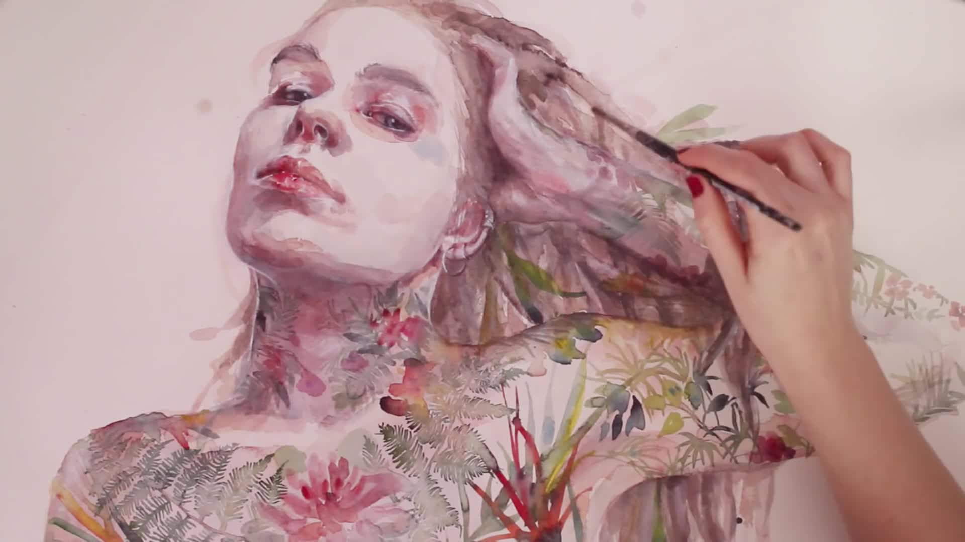 水彩水彩肖像画皮肤上的叶子