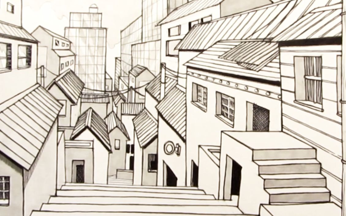 用单点透视发绘制城市,看完之后我只能刷一波666