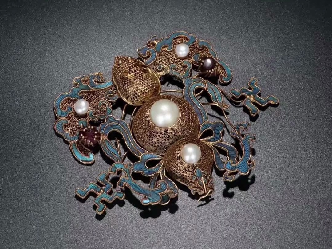 清代,银鎏金花丝点翠头饰