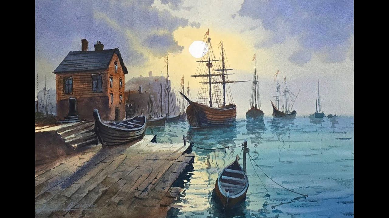 如何用水彩画港口风景