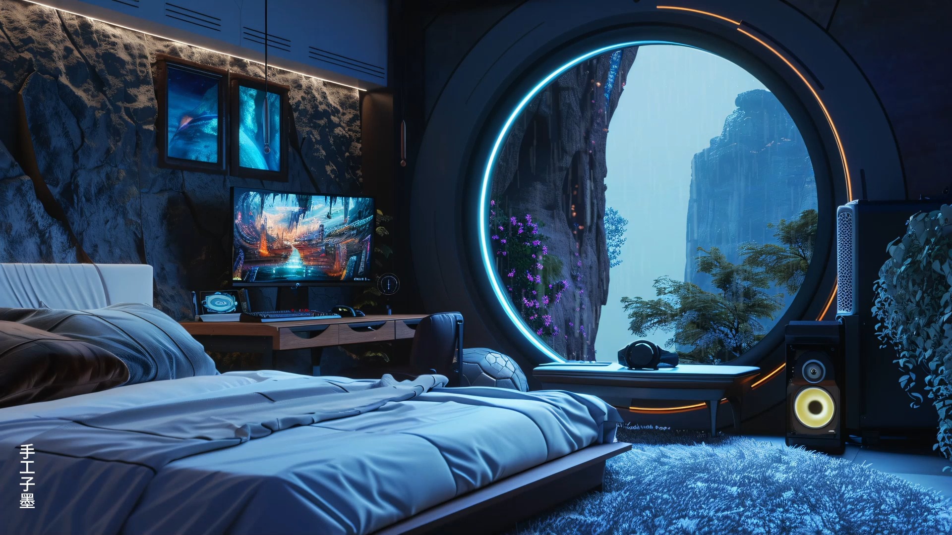 末世,为粉丝特别定制的悬崖山洞科幻风电竞房间,后世界末日避难所的