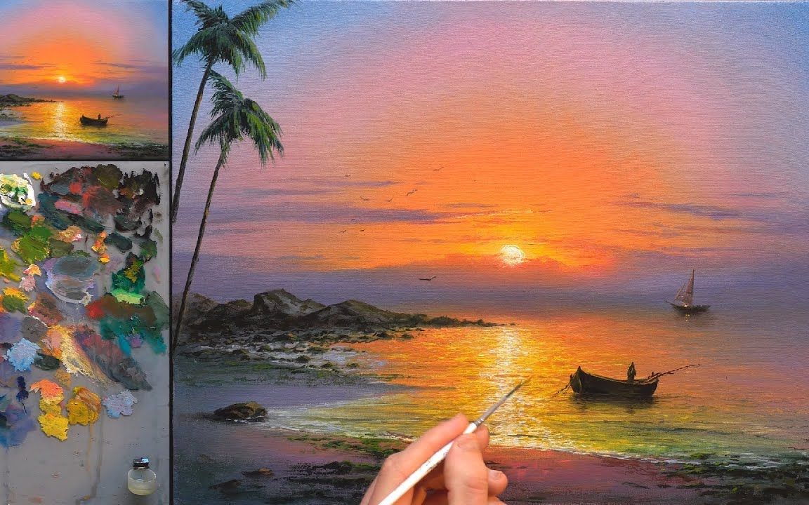 【油画】这样的海上落日,你喜欢吗?