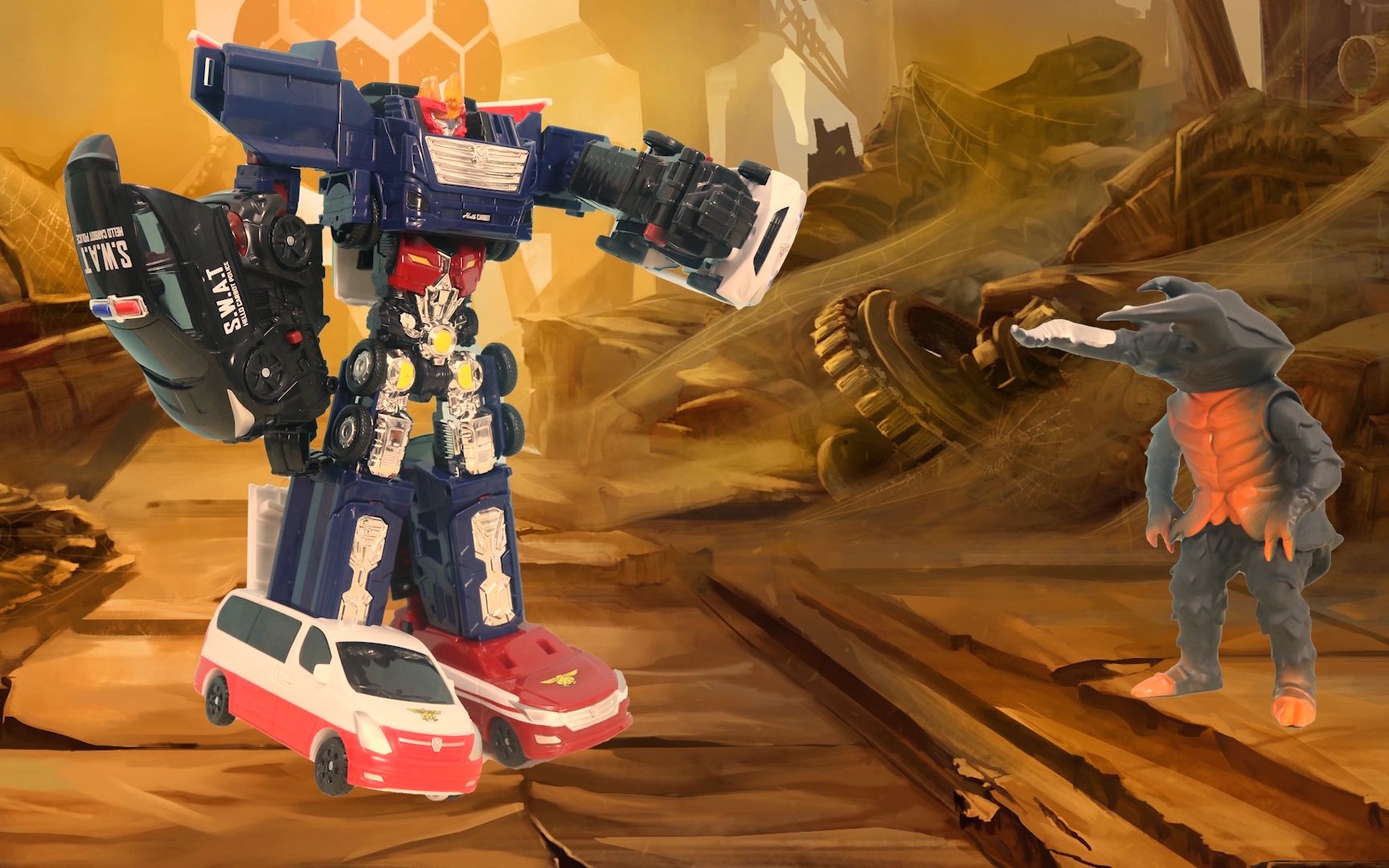 咖宝车神之重装巨人,变形机器人大战怪兽技能全发超炫酷