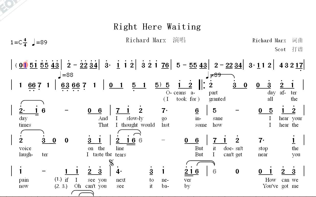 [图]Right Here Waiting（此情可待）--Richard Marx演唱--动态简谱