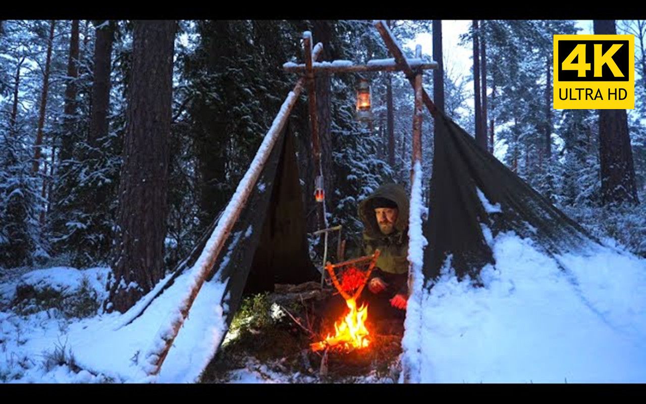 4k瑞典大叔在冬日森林露营3天帐篷庇护所过夜柴火烹饪美食作者swed