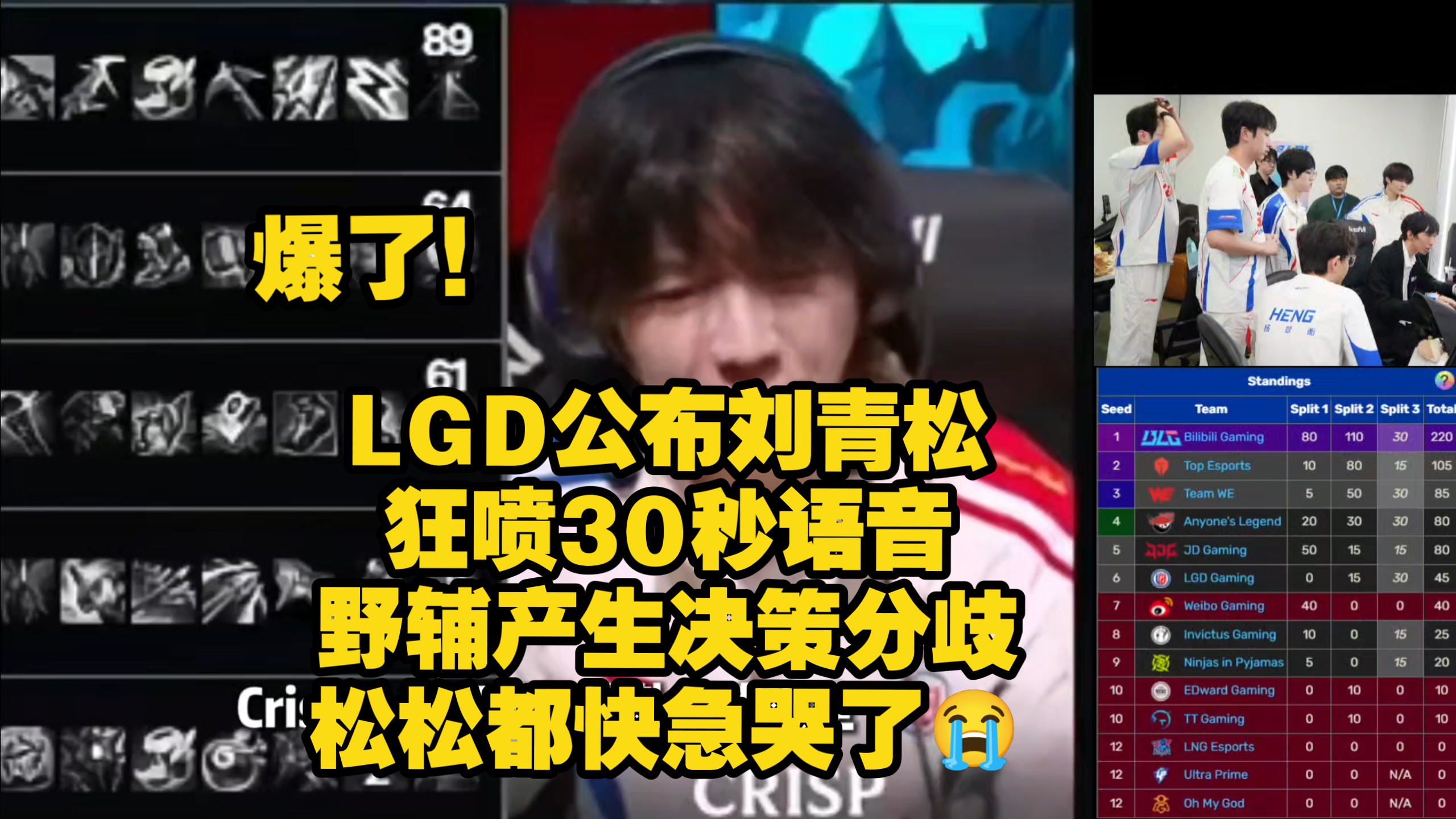 LGD公布刘青松狂喷30秒语音!野辅产生分歧。 Crisp说给TES拿了龙要留人,Heng不留人还甩锅队友送太多了打不了,刘青松都快急哭了!