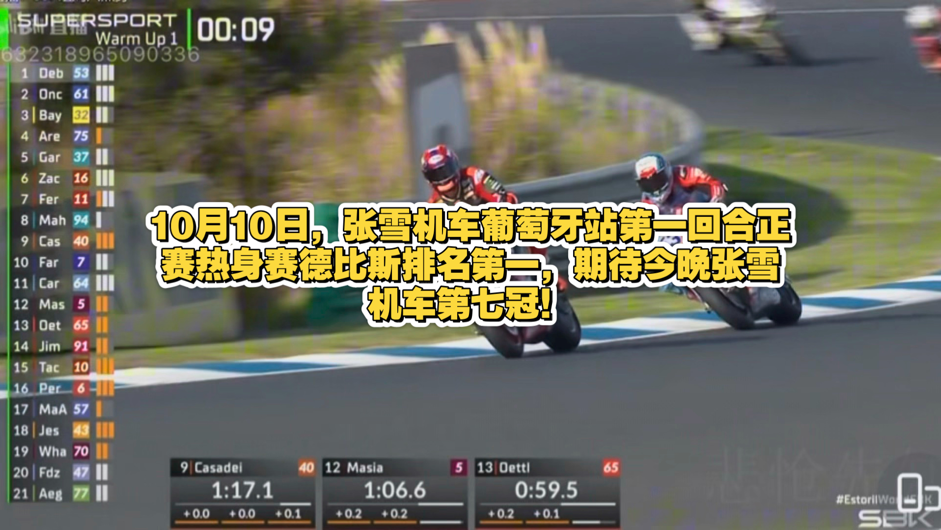 10月10日，张雪机车葡萄牙站第一回合正赛热身赛德比斯排名第一，期待今晚张雪机车第七冠！