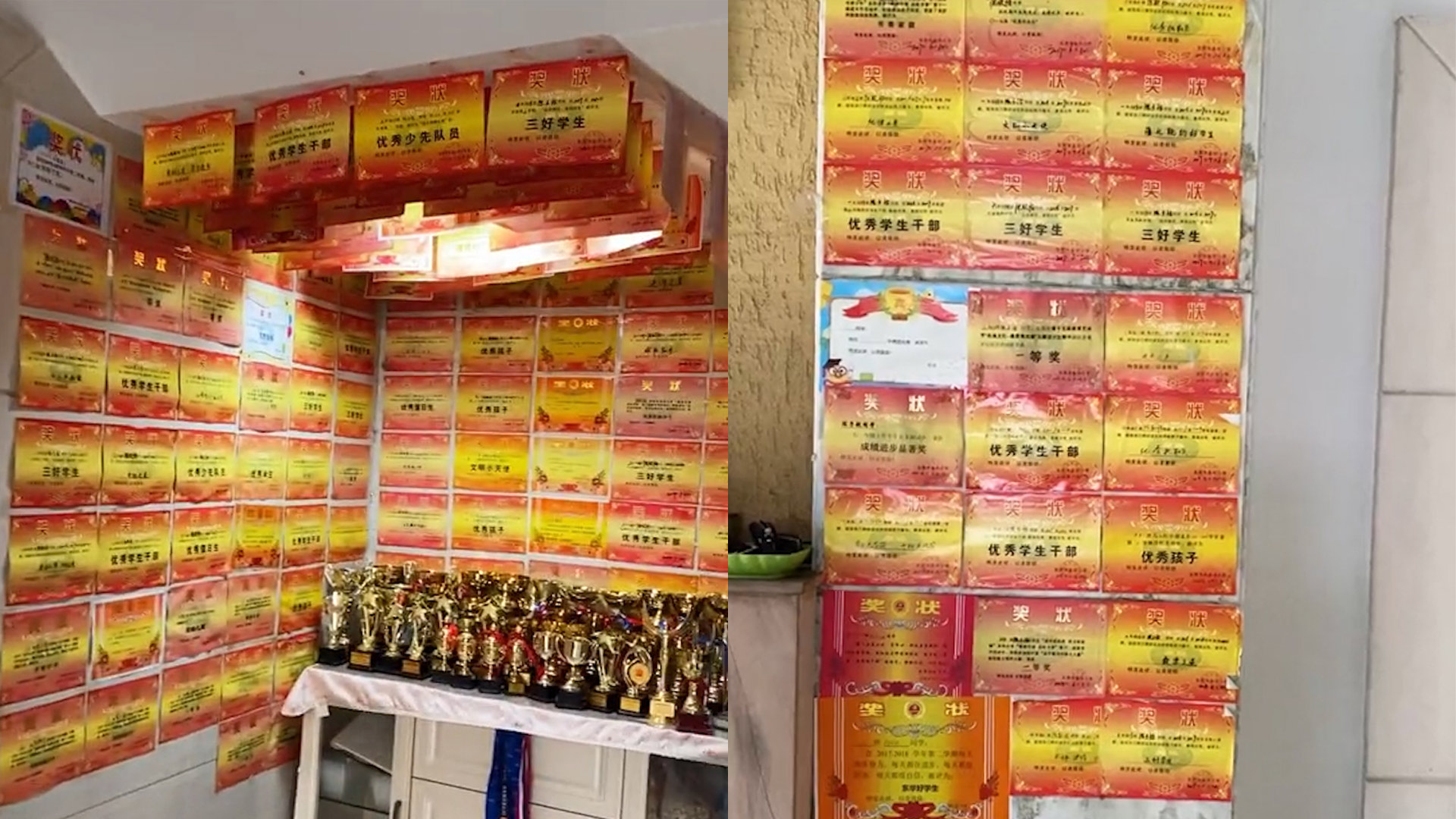 豪横!广东妈妈展示自家4个孩子成绩,奖状布满整个墙壁令人羡慕