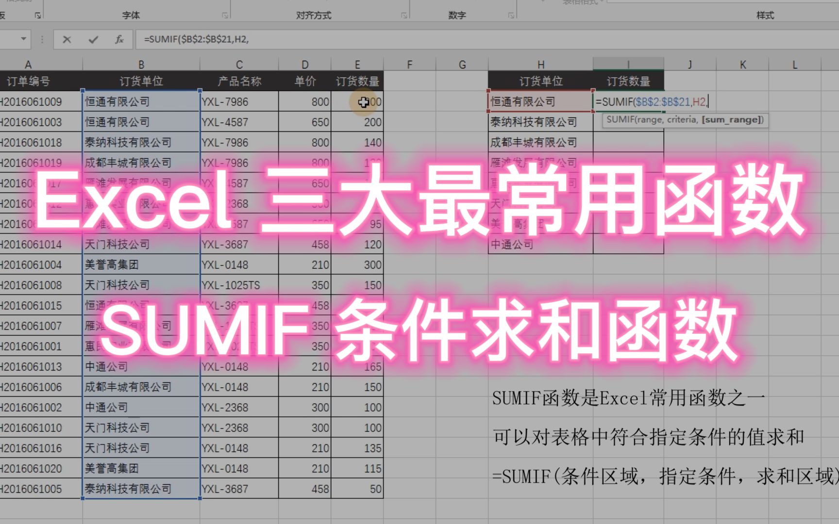 Excel 三大最常用函数,SUMIF条件求和函数,汇总数据好帮手哔哩哔哩bilibili