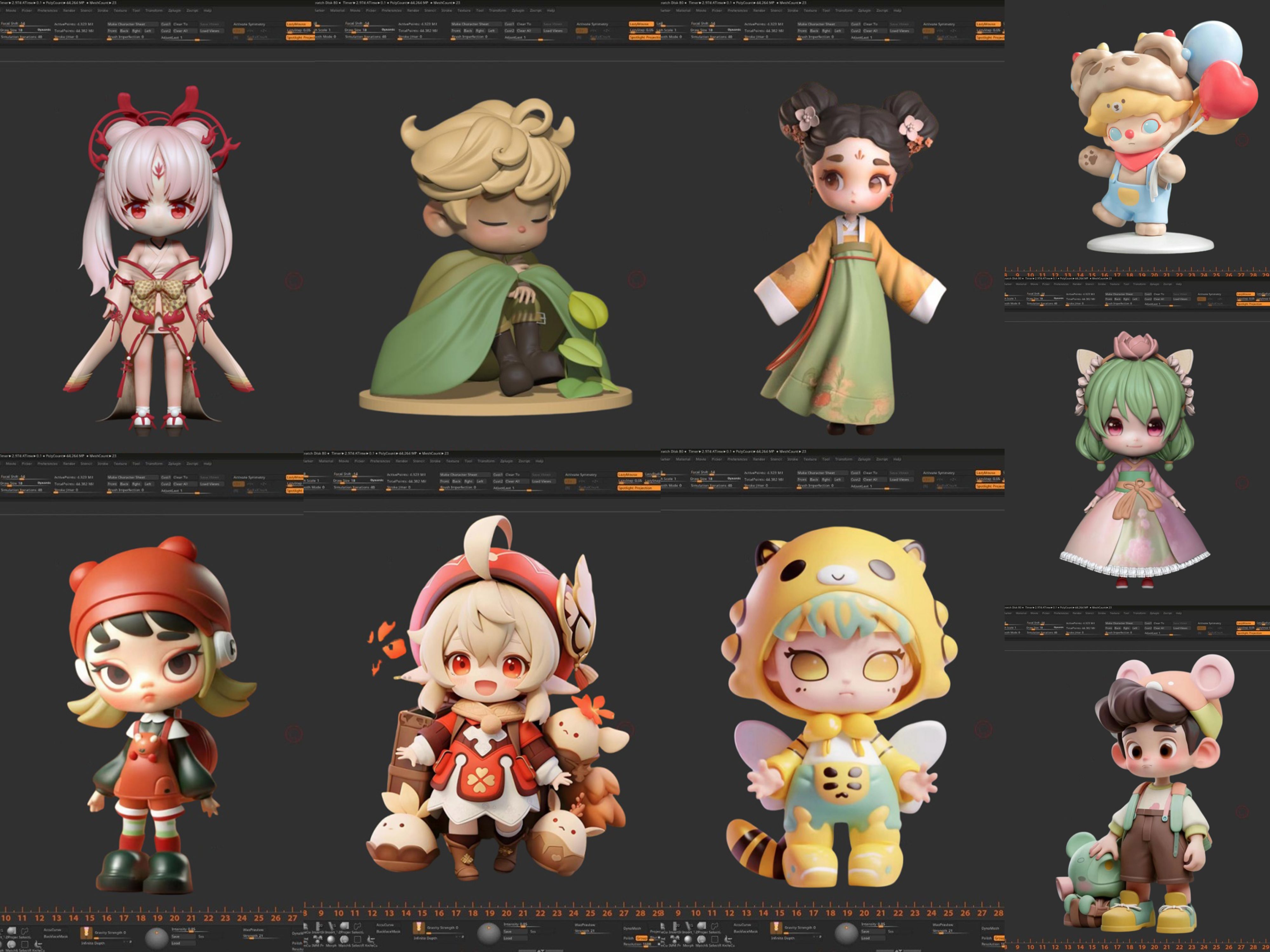 这9个潮玩盲盒手办【角色建模】zbrush软件教程带你学习!