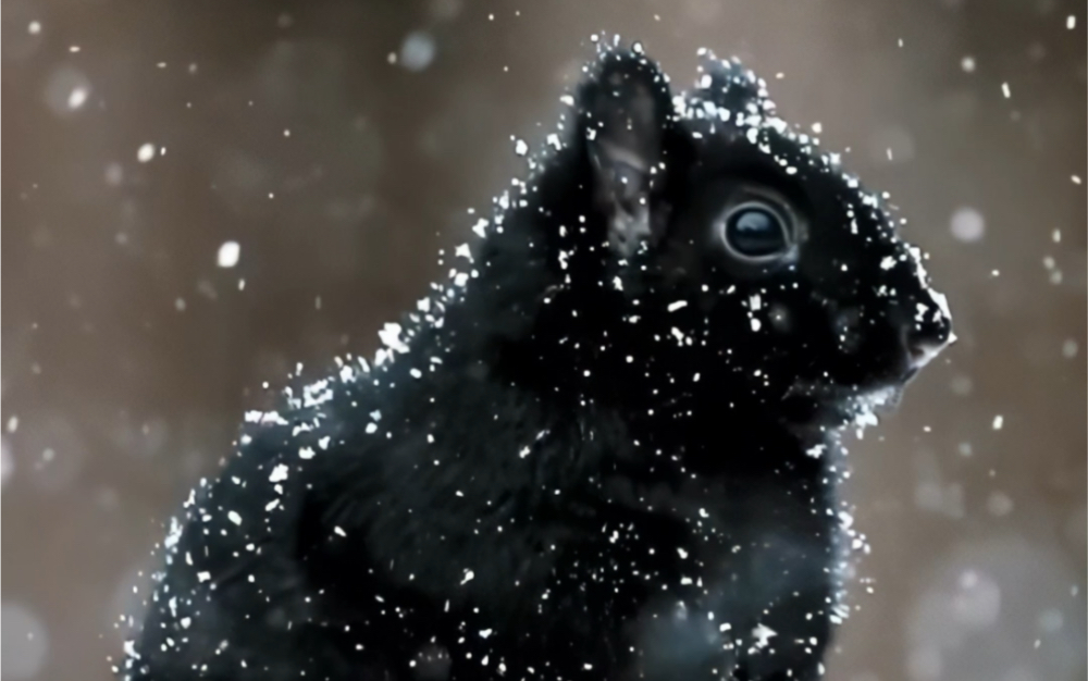 纯黑色松鼠,欣赏雪景美