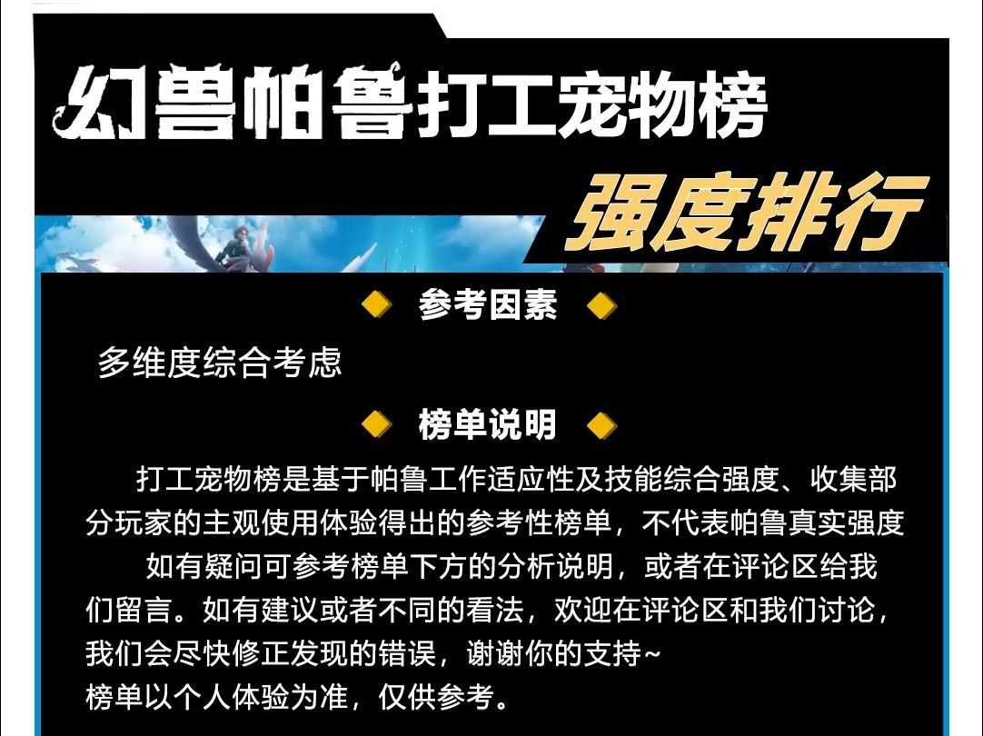 幻兽帕鲁打工宠物榜强度排行.T0打工宠物推荐,哪一个是你心目中的天选打工人呢?