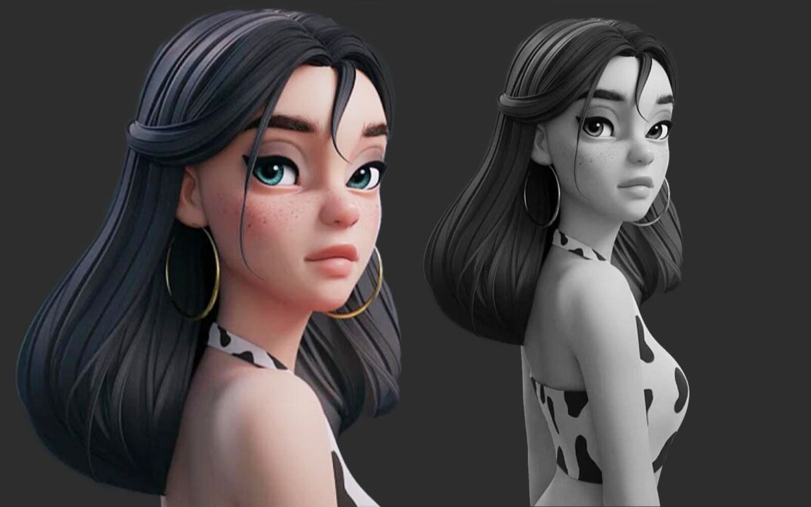 【zbrush新手教程】卡通风格化女性半身像雕刻,zb上色方法与技巧讲解