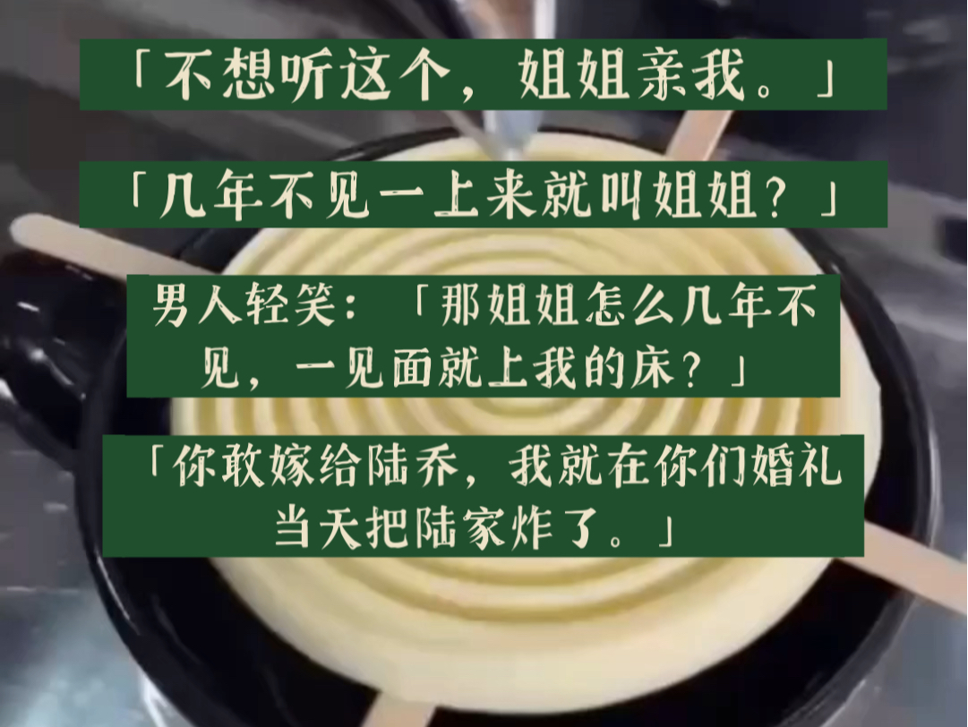 [图]「不想听这个，姐姐亲我。」「几年不见一上来就叫姐姐？」男人轻笑：「那姐姐怎么几年不见，一见面就上我的床？」「你敢嫁给陆乔，我就在你们婚礼当天把陆家炸了。」