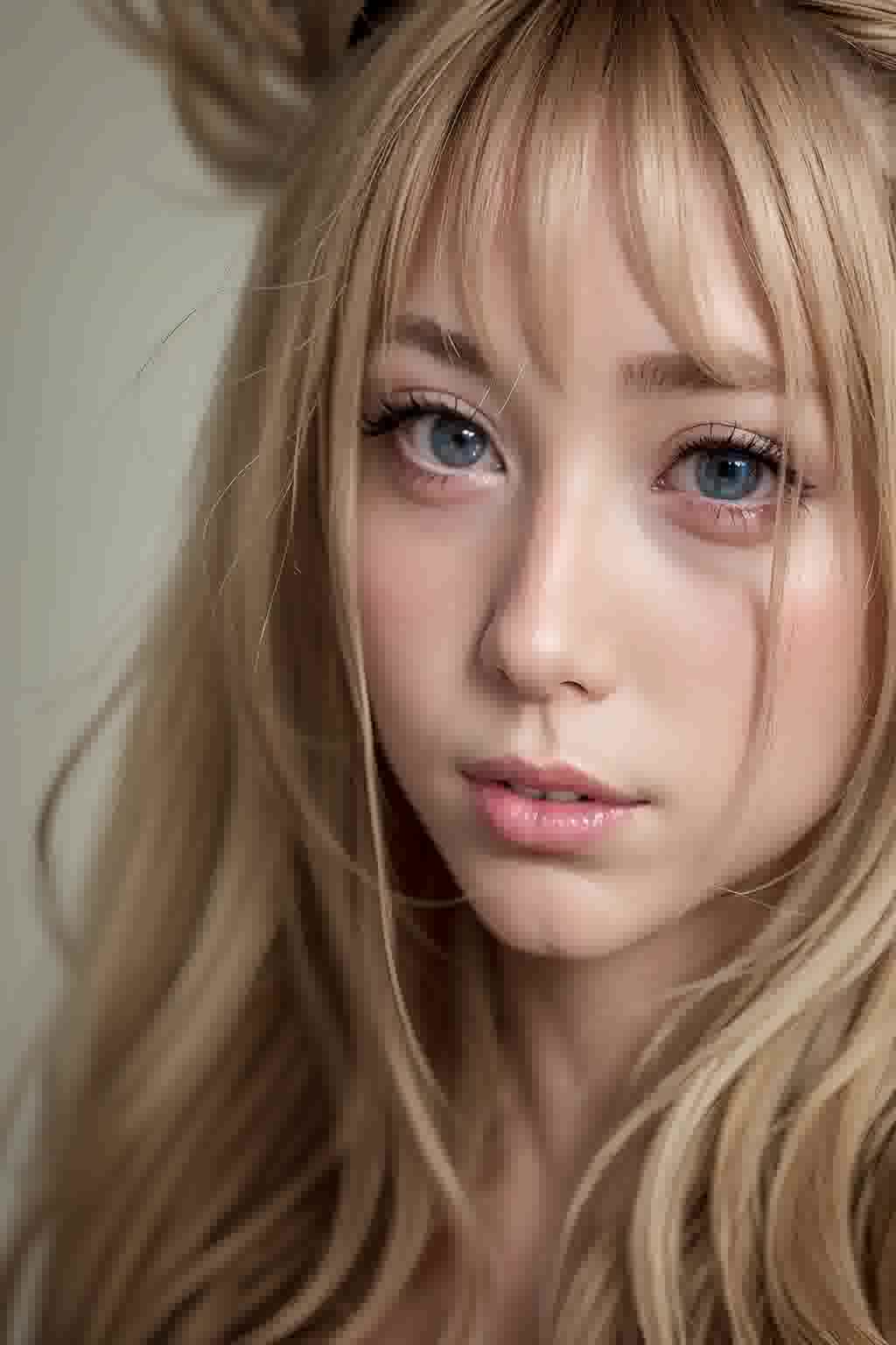 有三双一模一样的美丽蓝眼睛的女孩金色的长