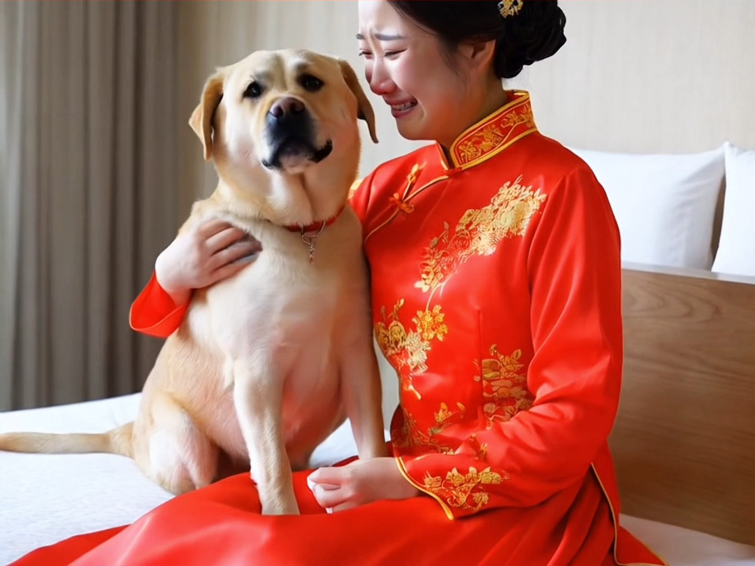新娘子要嫁人,舍不得父母和自己养大的狗狗,伤心落泪,狗狗来安慰