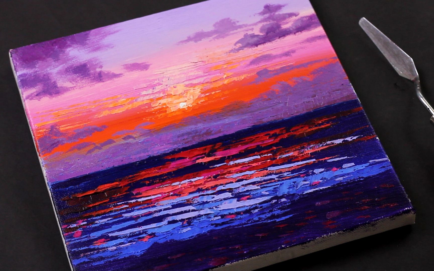 活动作品海上日落风景油画刀绘画技法教程重彩丙烯画画技法过程