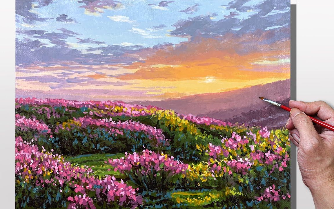 【丙烯】丙烯画日落花田