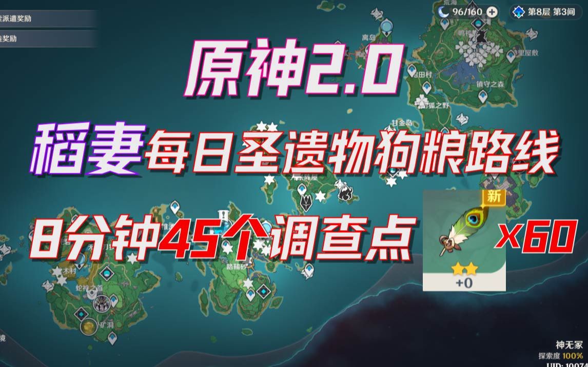 原神20稻妻每日聖遺物狗糧路線8分鐘45個調查點每天白嫖25w經驗