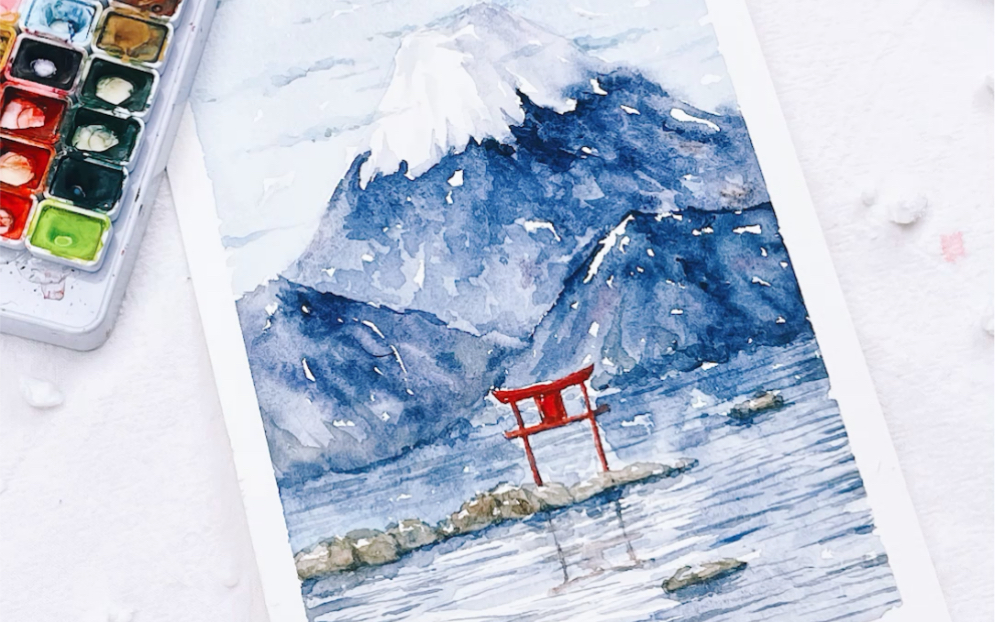 水彩手绘水彩创作富士山