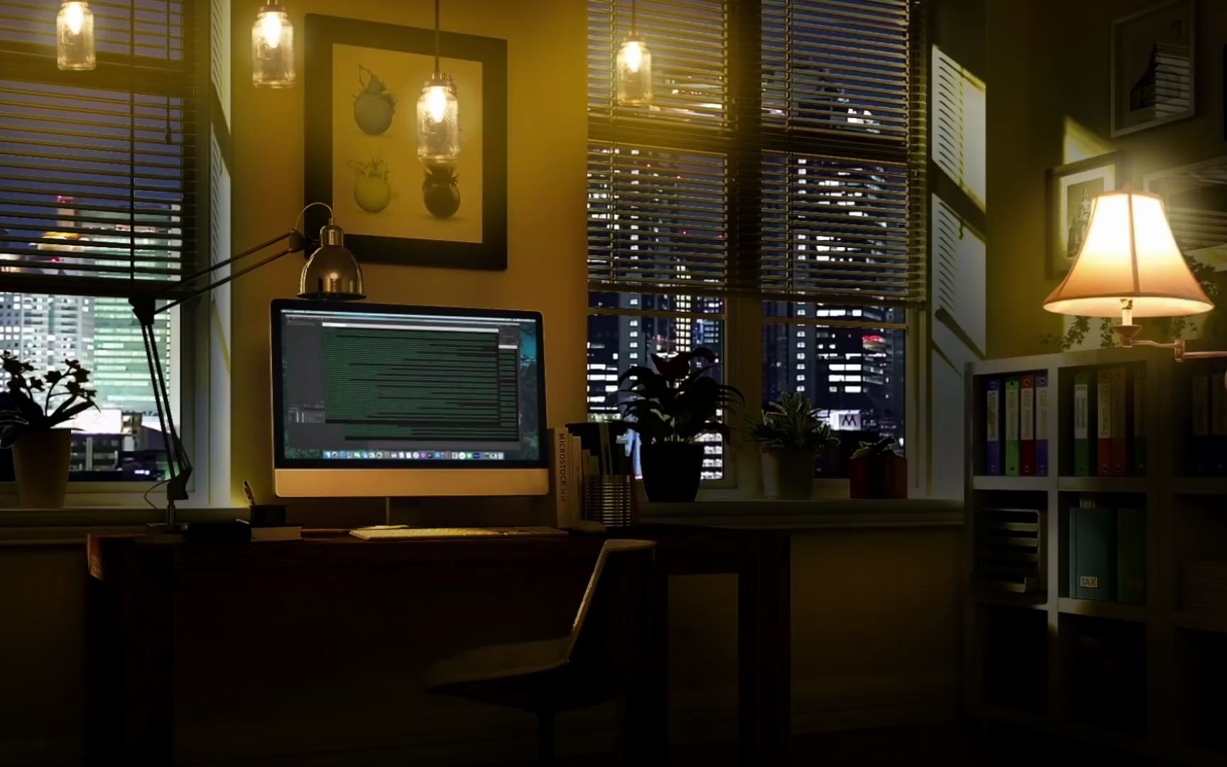 【白噪音】[_环境]舒适的夜间工作室和键盘打字环境_白噪音,城市噪音