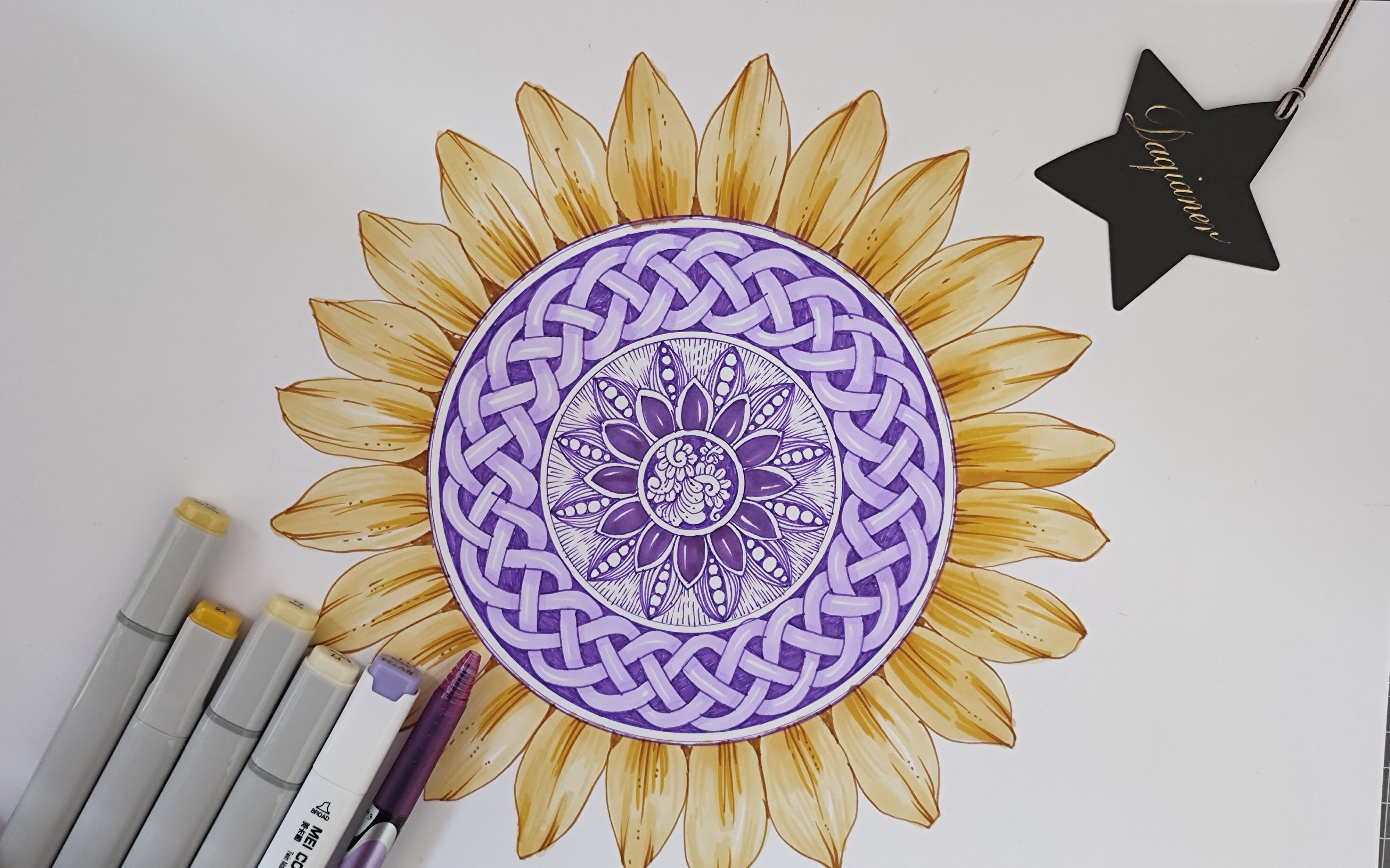 原创|紫色曼陀罗|凯尔特结画法|向日葵花|马克笔|原创曼陀罗紫气东来